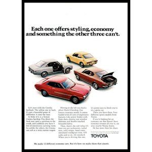 1972 Toyota Care Lineup Corolla Corona Mark II Celica GT Vintage Print Ad Art